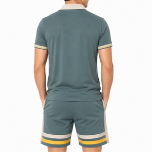 Men Striped Polo Shirt Shorts <b>Set</b> Casual Summer Breathable Cotton <b>Knitted</b> Activewear Fit Lightweight Comfort Fabric For Men - Product Image 2