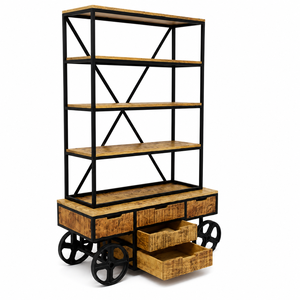 Industrial Modern Eco-Friendly Mango Wood & Metal <b>Bookcase</b> Drawers Caster Wheels 3 Shelves-Multifunctional Living Room Storage - Product Image 3