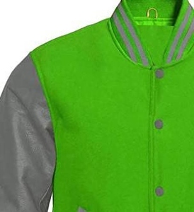 Men's Green Varsity <b>Jacket</b> PU Leather Sleeve Casual Autumn Wear Turn-down Collar Single Breasted Regular Fit Solid Color - Product Image 2
