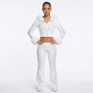 Custom Logo Rhinestone Fur Hooded Crop Jacket Bootcut Sweatpants Set <b>Ladies</b> Fleece Sweatsuit Sparkle Diamante <b>Outfit</b> Autumn - Product Image 1