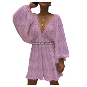 Nouvelle Collection – Robe Courte Sexy d'Été pour Femme, Imprimée à la Main, Col en V Profond, Manches Lanterne - Product Image 5