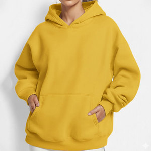 Sudadera con Capucha Personalizada para Mujer, Talla Grande, Informal, de Invierno, Manga Larga, Holgada, de Algodón y Felpa, Color Amarillo Sólido - Product Image 1