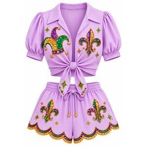 Conjunto de 2 Piezas para Mujer, Sudadera Morada con Cuello Redondo y Pantalones Cortos Verdes con Mangas Raglán, Lentejuelas con Diseño de Flor de Lis, Atuendo para Mardi Gras - Product Image 5