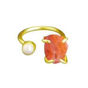 Bague artisanale en cornaline brute avec perle – Argent sterling 925, ajustable, sertie à griffes, pour femme - Product Image 1