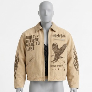 Veste en jean kaki vintage personnalisée avec imprimé graphique d'aigle, doublure matelassée, col rabattable, fermeture éclair, veste de travail unisexe pour un confort optimal - Product Image 5