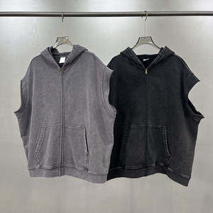 <b>Men's</b> Sleeveless Hooded <b>Vest</b> Solid <b>Black</b> Cotton Casual Knitted O-Neck Pocket Front Zippered Top - Product Image 3