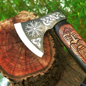 Hacha Vikinga Industrial Hecha a Mano DIY con Cabeza de Acero al Carbono Grabada, Mango de Madera de Palisandro, Espiga Completa, Hacha de Supervivencia de 20 Pulgadas con Funda de Cuero - Product Image 3