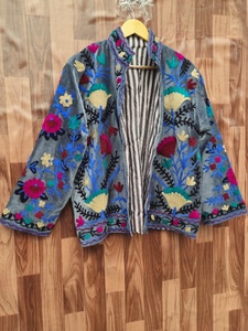 Handmade Suzani Velvet Jacket | Boho Floral Embroidered <b>Coat</b> - Product Image 2