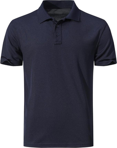 Polo en piqué bleu foncé à manches courtes pour homme, couleur unie, respirant, coupe décontractée, 100% coton tricoté - Product Image 1