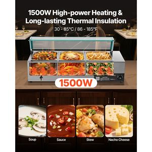 Scaldavivande Elettrico Commerciale 1500W in Acciaio Inox a 3 Vasche, Buffet da Banco con Coperchio in Vetro, Attrezzatura per Mantenere il Cibo Caldo - Product Image 1