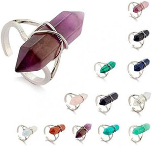 Anillo de Cristal con Punta Hexagonal, Ajustable, Envuelto en Alambre Plateado, con Piedra Natural Curativa para Mujer, Venta al Por Mayor - Product Image 5