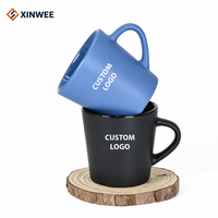 Mug à café en céramique noir et bleu personnalisé, forme entonnoir, petit, à large ouverture, en porcelaine