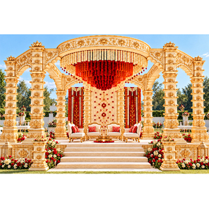 Mandap de mariage indien traditionnel en bois sculpté style temple, avec pilier Diya et motif Lotus Royal - Product Image 1