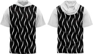 เสื้อยืดมีฮู้ดลายทางสำหรับผู้ชาย ทรงปกติ ผ้าถักลำลอง ลายขาวดำ แขนสั้น - Product Image 1