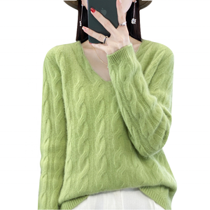Suéter de Cachemira 100% Personalizado para Mujer, Cuello en V, Tejido de Punto Trenzado, Manga Larga, Jersey de Invierno, Fabricante Mayorista - Product Image 1