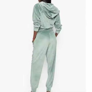 Survêtement à capuche en velours pour femme, manches longues, couleur unie, fermeture éclair personnalisée sur le devant, coupe ample, jogging décontracté avec poches latérales - Product Image 4