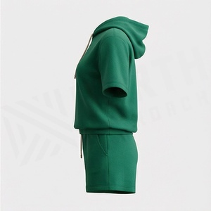Conjunto Casual de 2 Piezas para Mujer, con Capucha, Manga Corta, Color Verde Sólido, Tejido de Punto, Shorts por Encima de la Rodilla y Top, para Primavera/Verano - Product Image 3