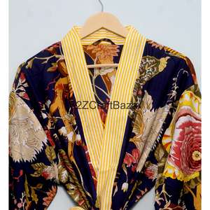 Nouvelle robe kimono en coton 100% avec bande frontale à motif, imprimé oiseaux, robe de bain, robe longue style bohème - Product Image 4