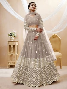 Elegant Grey Chiffon Bridesmaid Lehenga With <b>Sequined</b> Embroidery A-Line Floor-Length <b>Crop</b> <b>Top</b> Dress Long Sleeve Scoop Neck - Product Image 4