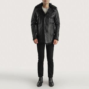 Men's <b>Black</b> Genuine Leather Fur Collar Jacket Winter Warm Shearling Coat Fashion Casual Biker Outerwear Custom OEM Manufacturers - Product Image 1