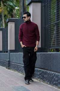 Men's High Neck Ribbed Knit Sweater <b>Pullover</b> Solid Color Warm 100% Cotton ODM for Autumn and Winter - Product Image 1