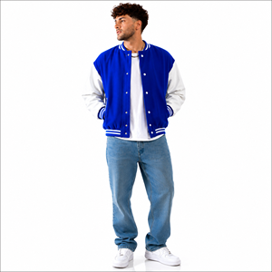 Blue White Contrast Knitted Varsity <b>Jacket</b> Full Sleeve Button Collar Regular Fit <b>Spring</b> Wear <b>Women</b> Award Varsity - Product Image 1