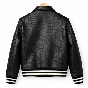 Chaqueta bomber de cuero con estampado de cocodrilo real para hombre, con cremallera frontal, detalles en relieve de piel de vaca y piel de cocodrilo. - Product Image 2