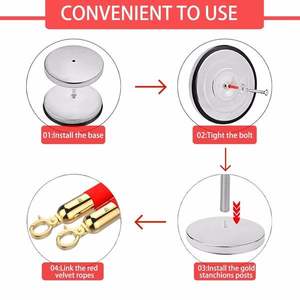 Poteaux de délimitation en velours rouge de 1,5 m (5 pi) avec barrières de sécurité en acier inoxydable et supports de bannières (Argent) - Product Image 5