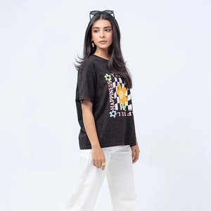 Camiseta de Manga Corta con Cuello Redondo Negra Estampada con la Frase Think Feel Happiness Positivity, Talla Grande para Mujer, Tejido Jersey Informal - Product Image 3