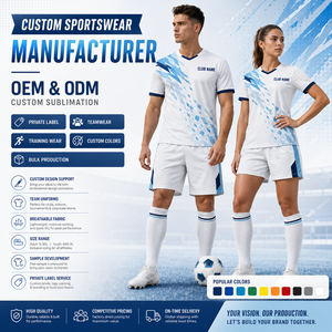 ชุดเสื้อฟุตบอลแบบสั่งทำพร้อมตราสัญลักษณ์ทอเอง ผ้าโพลีเอสเตอร์แห้งเร็วแบบตาข่าย คอเสื้อและปลายแขนเสื้อแบบตัดกัน ขายส่ง OEM รับผลิตตามแบบส่วนตัว - Product Image 4