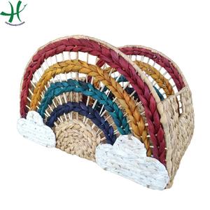 Handmade Embroidered Pattern Storage <b>Basket</b> Water Hyacinth Rainbow Design for Everyday Use in Living Room - Product Image 2