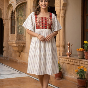 Robe courte bohème en coton et lin pour femme, imprimé Ikat, brodée, coupe ample, tunique artisanale pour l'été et la plage - Product Image 3