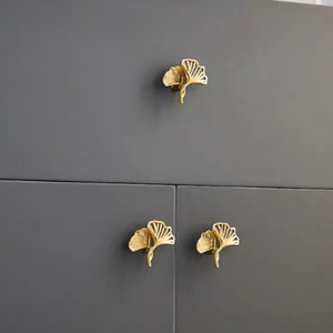 <b>Gold</b> Ginkgo Leaf Brass Handles, Unique Retro Leaf <b>Knobs</b> for <b>Cabinet</b>, Drawer & Wardrobe - Product Image 1