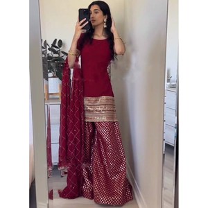 FANCY GEORGETTE BORDADO SECUENCIA TRABAJO TOP PALAZZO CON DUPATTA MAROON - Product Image 1