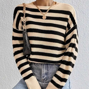 Sudadera Suéter de Mujer de Manga Larga con Hombros Caídos, 100% Poliéster, Cuello Redondo, Rayas Cómodas, Estilo Coreano, para Invierno - Product Image 6