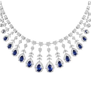 Exquisite <b>necklace</b> in 18K white gold with cascading pear sapphire stones floral diamond arrangement royal couture luxury design - Product Image 1