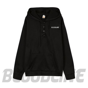 Sweat-shirt à capuche unisexe Bloodline, col boutonné, coupe ample, noir uni, coton French Terry, décontracté, pour l'automne - Product Image 1