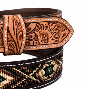 Genuine Leather Vintage Casual <b>Western</b> Cowboy <b>Belt</b> Handmade Beaded Floral <b>Mens</b> Rodeo Engraved Silver Buckle Heavy Duty Durable - Product Image 3