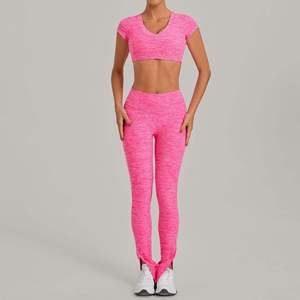 Red Racerback V-neck Crop <b>Top</b> High Waist Shorts Yoga Pants Set Pockets Contrast Binding Seamless Breathable Spandex Nylon - Product Image 4