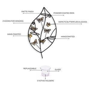 Porte-bougies décoratifs en fer avec motif papillon et feuille, avec coupelles en verre, lot de 3, pour décoration intérieure - Product Image 3