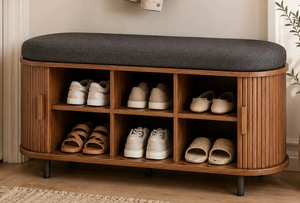 Wholesale Modern Fluted Wood Shoe Cabinet <b>Bench</b> With Cushioned Seat Mudroom Entryway <b>Storage</b> Furniture Maker - Product Image 4