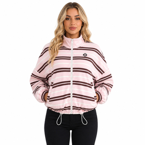 Custom Logo Women Sweatshirts Full Zip Striped Oversized Drop Shoulder Fleece Bomber <b>Jacket</b> Casual Streetwear Hoodies Wholesale - Product Image 1