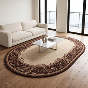 Tapis rond à bordure florale tufté à la main, marron beige, tapis artisanal - Product Image 3