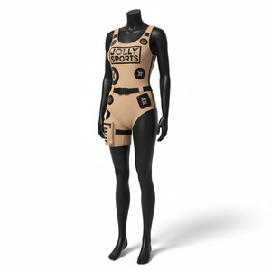 Traje de baño de una pieza para mujer, de poliéster y spandex de alta elasticidad, color beige con paneles negros, cinturón, bolsillo y estampado de logotipo. - Product Image 4