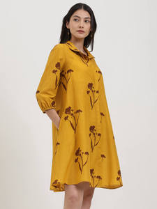 Robe chemise à imprimé floral jaune, manches trois quarts, coupe ample, longueur midi, col rabattu, tenue décontractée pour le printemps - Product Image 3