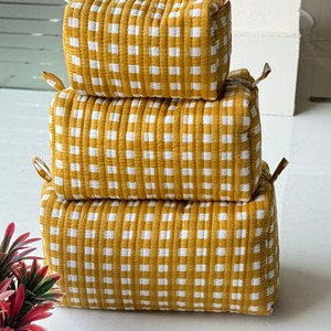 Yellow Gingham Cotton Cosmetic <b>Toiletry</b> Bag Set With Soft Handles Multi-Function <b>Storage</b> Organizer Large Capacity Simple Style - Product Image 1
