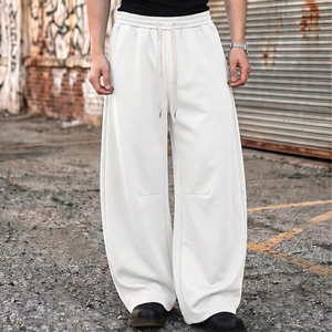 <b>Men's</b> <b>White</b> Cotton Wide Leg Pants Elastic Waist Drawstring Side Pockets Casual Loose Fit Autumn Wear - Product Image 1