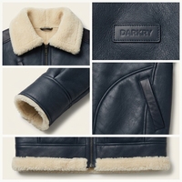 Veste d'aviateur en cuir véritable bleu marine pour homme, col en fourrure, véritable peau d'agneau, veste bomber B3, vêtement d'extérieur chaud pour l'hiver