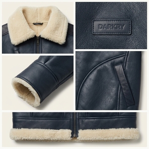 Navy Blue Mens Real <b>Leather</b> Shearling Aviator Jacket Winter Warm <b>Fur</b> Collar Genuine Lambskin Flight B3 Bomber <b>Coat</b> Outerwear - Product Image 6