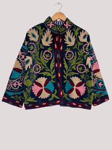 Hand Embroidered Teal <b>Velvet</b> Suzani <b>Jacket</b> With Floral Pattern Threadwork Full Sleeve Stand Collar Boho Chic <b>Women's</b> Autumn Coat - Product Image 1